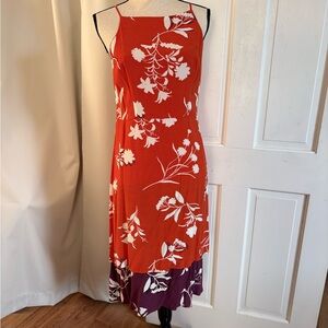 Ann Taylor Orange Floral Midi Dress with Purple Hem